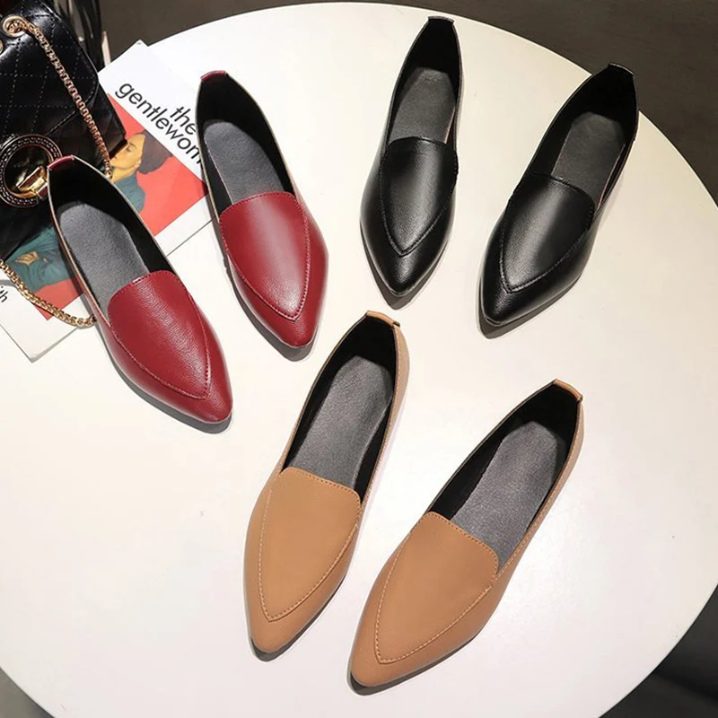 

2021 Women Flat Shoes Simplicity Design Pointed Convenient Slip-on Black All-match Office Solid Color Women Shoes Leather Flats