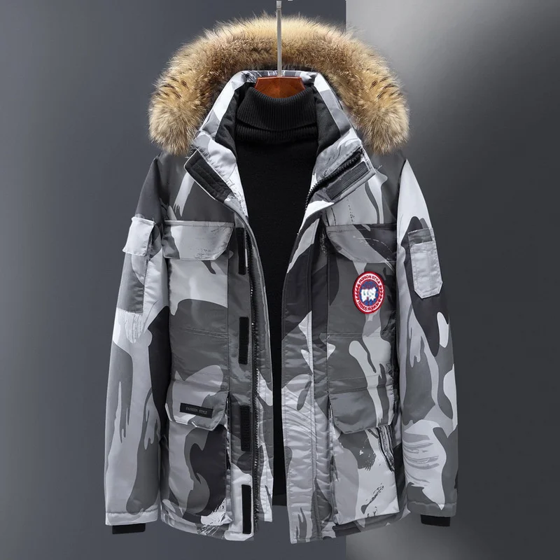 

Мужской утепленный пуховик с шерстяным воротником, камуфляжная уличная куртка с капюшоном, ветрозащитная Молодежная куртка с воротником-с...