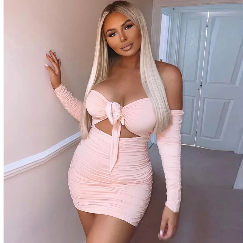 

2021 Women's Party Sexy Wrapped Chest Dress Lace Hollow Long Sleeve Pleated Dress Dresses for Women