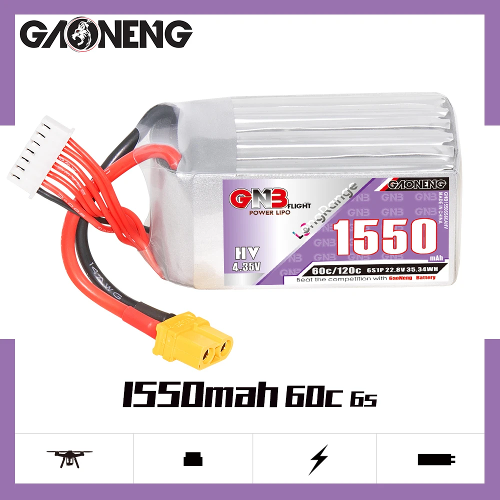 

Gaoneng GNB 1550 мАч 6S1P 22,8 в 60C светильник вес длинный F Свет HV Lipo батарея с разъемом XT60 для FPV гоночного дрона RC 4-дюймовый Дрон