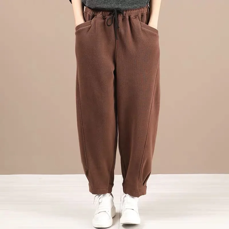 Женские свободные брюки с эластичным поясом повседневные хлопковые теплые