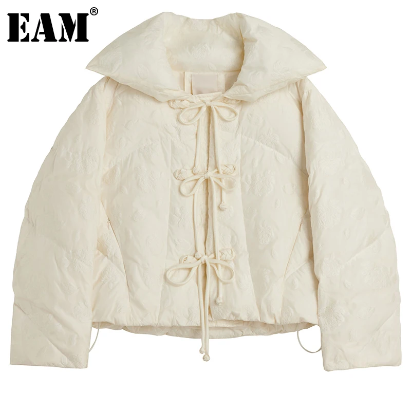 

[EAM] Loose Fit Beige Bandage Jacquard Down Jacket New Hooded Long Sleeve Warm Women Parkas Fashion Autumn Winter 2021 1DE5753
