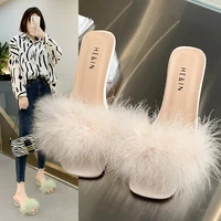 slippers women summer new hairy thick heel sandals ladies fashion comfortable outer slippers female big size casual shoes 35 43