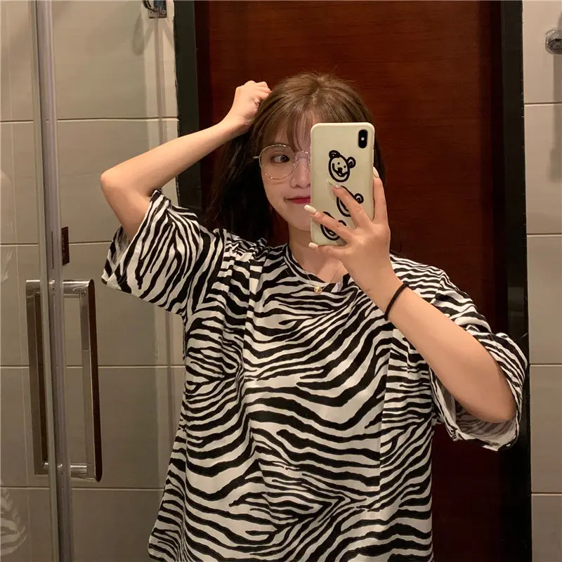 

Summer Zebra Striped Short-Sleeved T-shirt for Women Loose Top Wear