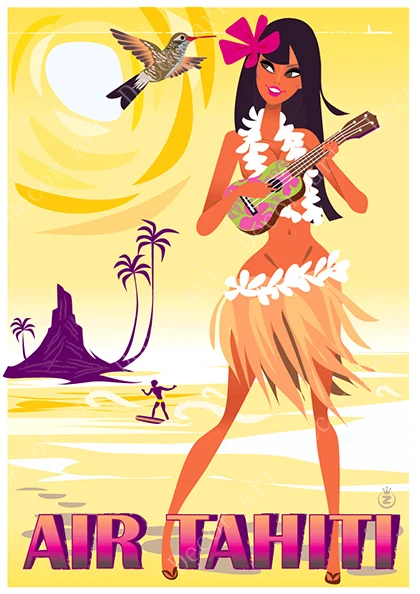 

Surfing at Polynesia Tahiti Summer Holiday Canvas Painting Vintage Pictures Kraft Posters Coated Wall Stickers Home Decor Gift