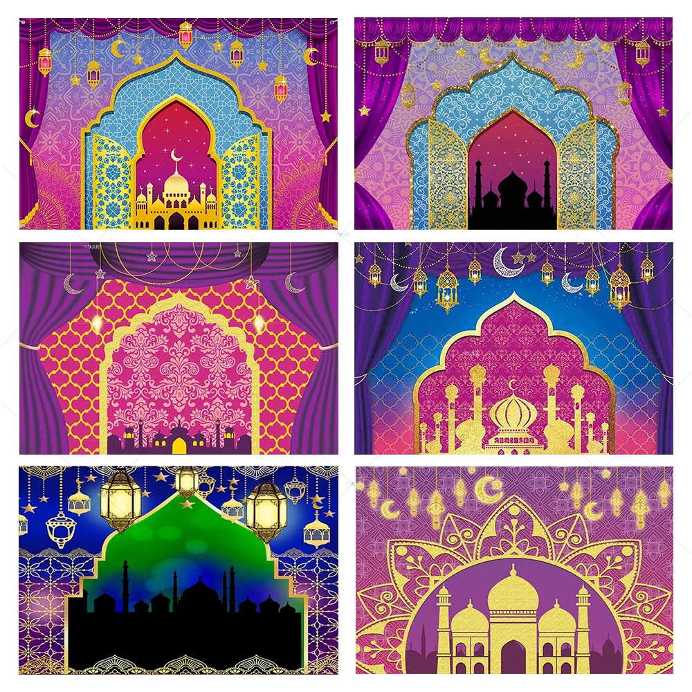 

Arabian Moroccan Nights Party Backdrop Indian Gold Palace Magic Background Princess Birthday Decoration Girls Candy Table Banner