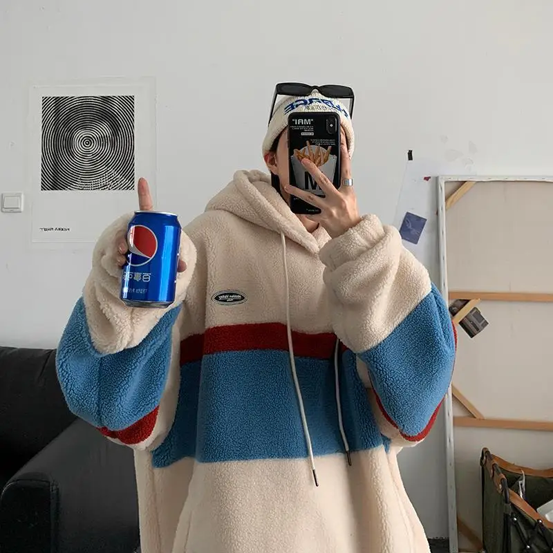 

Korean version Style Fashion Fleece Hoodies Women Patchwork Stripe Hooded Sweatshirts Couples Loose Coats Casual Tops Pullover