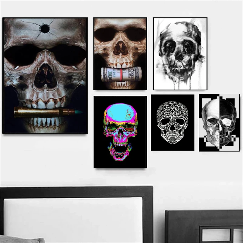 

Abstract Black And Golden Skull with Bullet Cool Canvas Painting Posters Prints Wall Art Pictures for Living Room Decor Cuadros