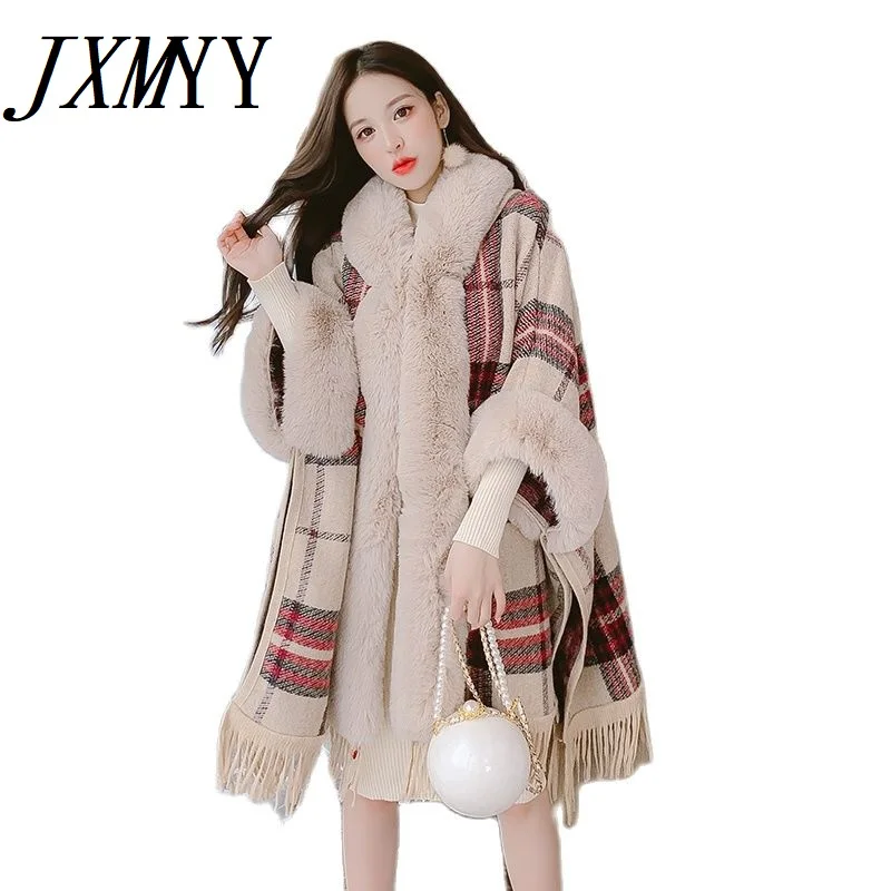 

JXMYY 2021 осень-зима модные новые продукты для сохранения тепла с шалью и большим меховым воротником Женская клетчатая куртка с капюшоном