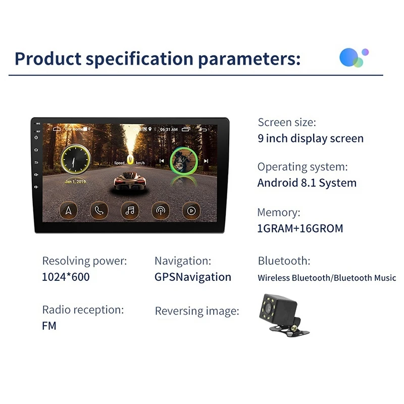 

2 Din 9 Inch Android 8.1 Universal Car Radio 1G+16G Stereo GPS Navi WIFI USB Bluetooth Multimedia MP5 Player with Camera