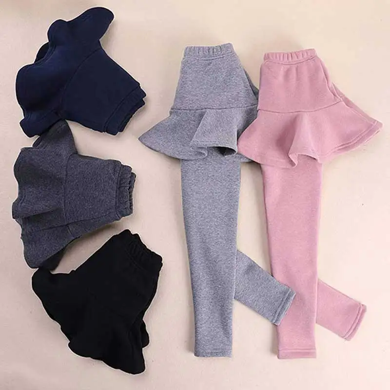Mallas forradas de lana para ni&ntilde;as peque&ntilde;as, Leggings con falda de volantes, c&aacute;lidos, sin pies, Invierno-0