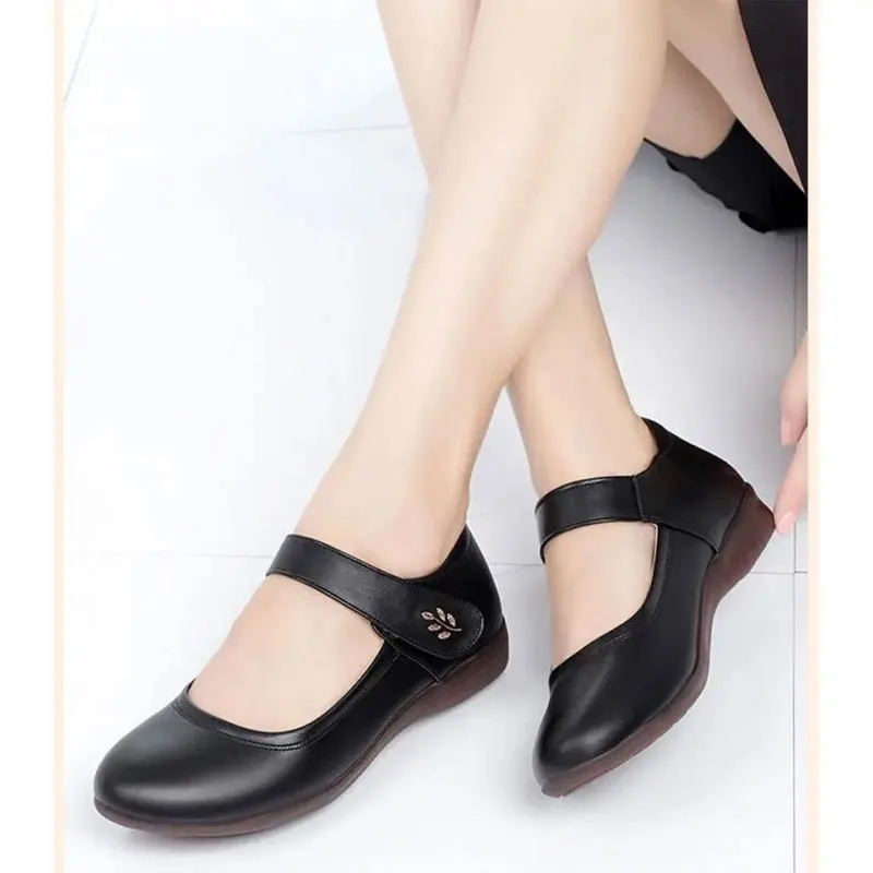 

Beige Mary Jane Shoes Women's Summer Wedge Flats Ladies Black Leather Office Shoes Woman Flats Anti-skid Restaurant Work Shoes