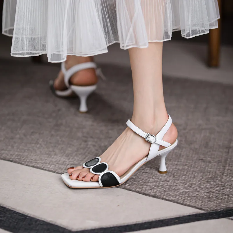 

MoonMeek 2021 New Arrival Women Sandals Genuine Leather High Heels Shoes Fashion Square Toe Buckle Party Wedding Shoes