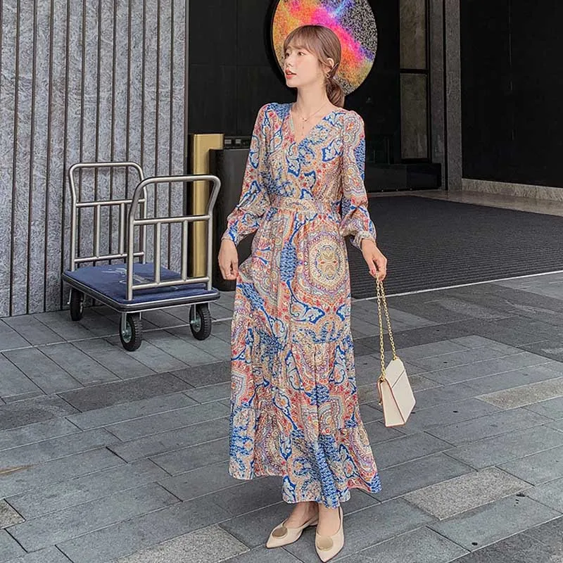 

Vintage Floral Boho Maxi Dress Women Chiffon 2021 Spring Autumn Elegant Long Sleeve Dress One-Piece Ladies Fashion Korean Dress