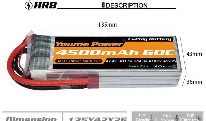 Youme 14,8 V 4S Lipo 4500mah батарея XT60 EC3 Deans T XT90 EC5 TRX 60C для вертолета самолета автомобиля гоночного грузовика лодки RC запчасти Новые