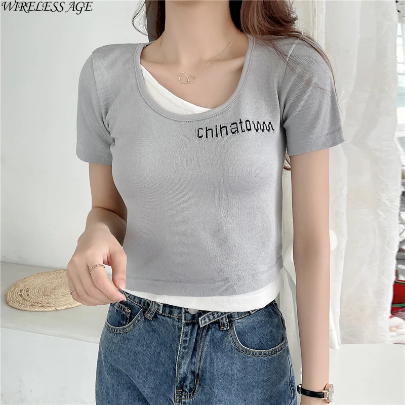 

WIRELESS AGE T Shirt Women Fake Two Piece Square Collar Short Sleeve Half Sleeve Slim Sexy Women's Top Summer New Fashion Wild