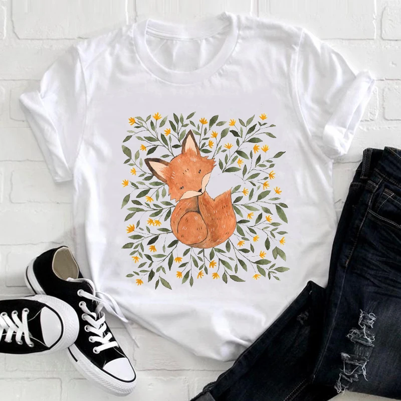 

Women Short Sleeve for Lady Korean Style Fox Printing Animal 90s Clothes Ladies Graphic Print Tee Top Tshirt Female T-shirt