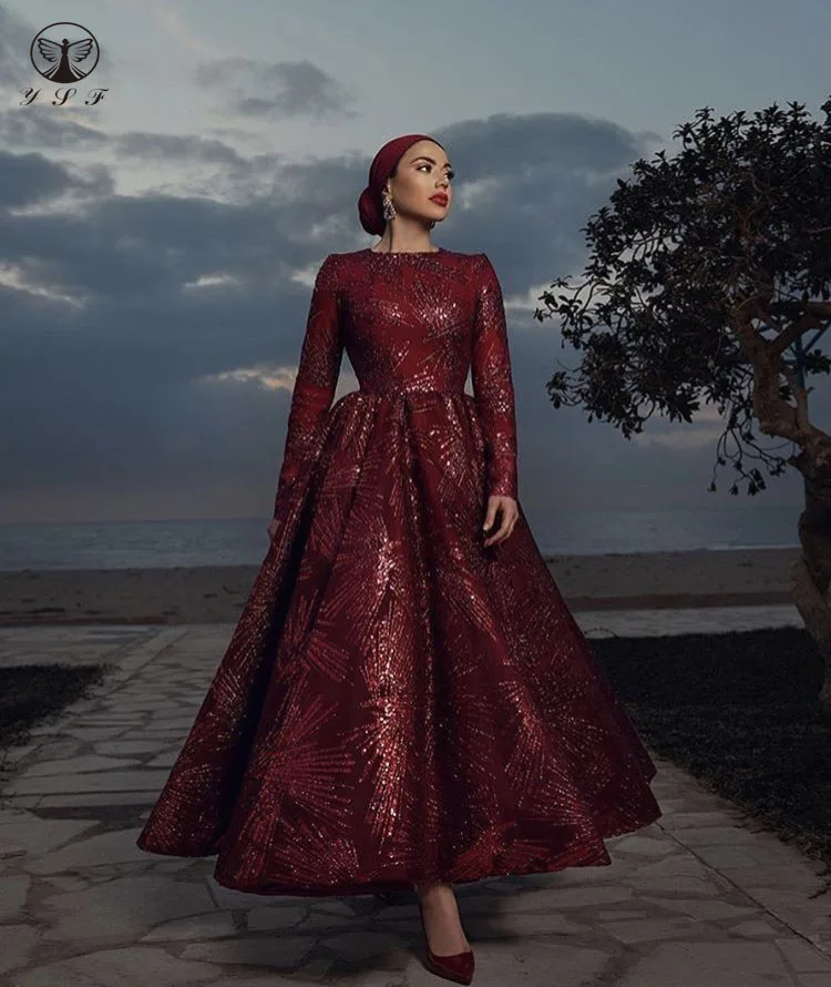 

Платье для выпускного в мусульманском стиле, Бордовое платье из блестящей ткани с круглым вырезом и длинным рукавом, плиссированное платье ...