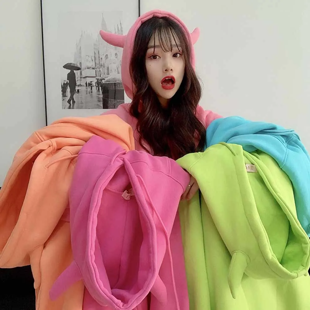 

2022 Spring Devil Horn Hooded Sweatshirt Women Plus Velvet Warm Loose Harajuku Hoodies Best Friends Match Cute Pullover Tops