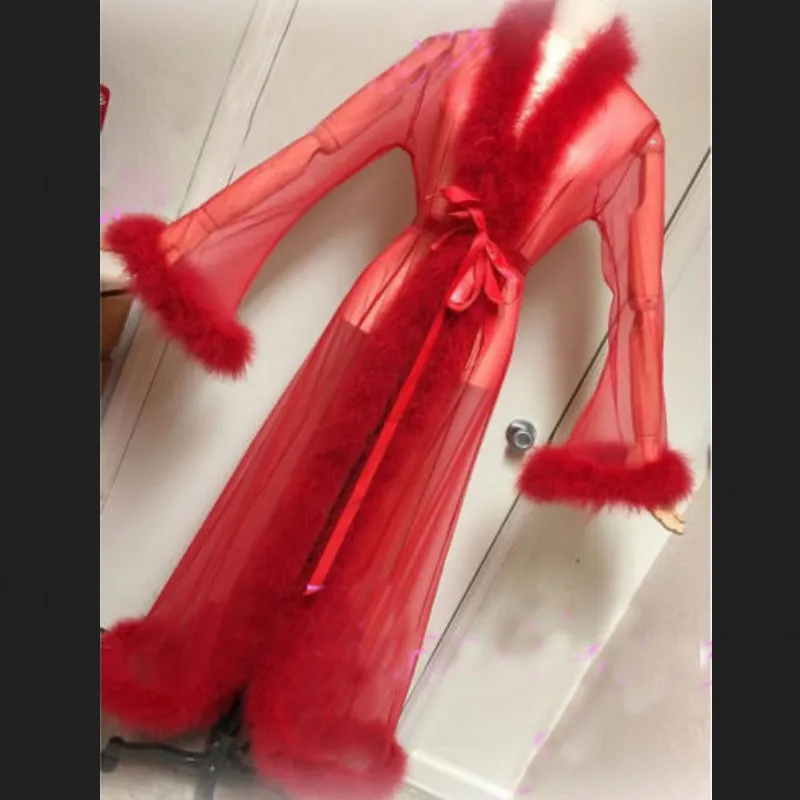 Женский кружевной сексуальный Ночной халат шифоновый сетчатый меховой с длинным