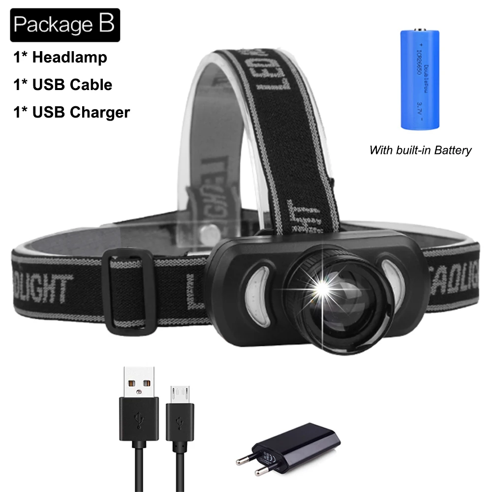 Package B Мощный USB Перезаряжаемый головной светильник, красный светильник, синий светильник, головной светильник, Мощный USB велосипедный светильник, водонепроницаемый для наружного использования - Испускаемый цвет: Package B
