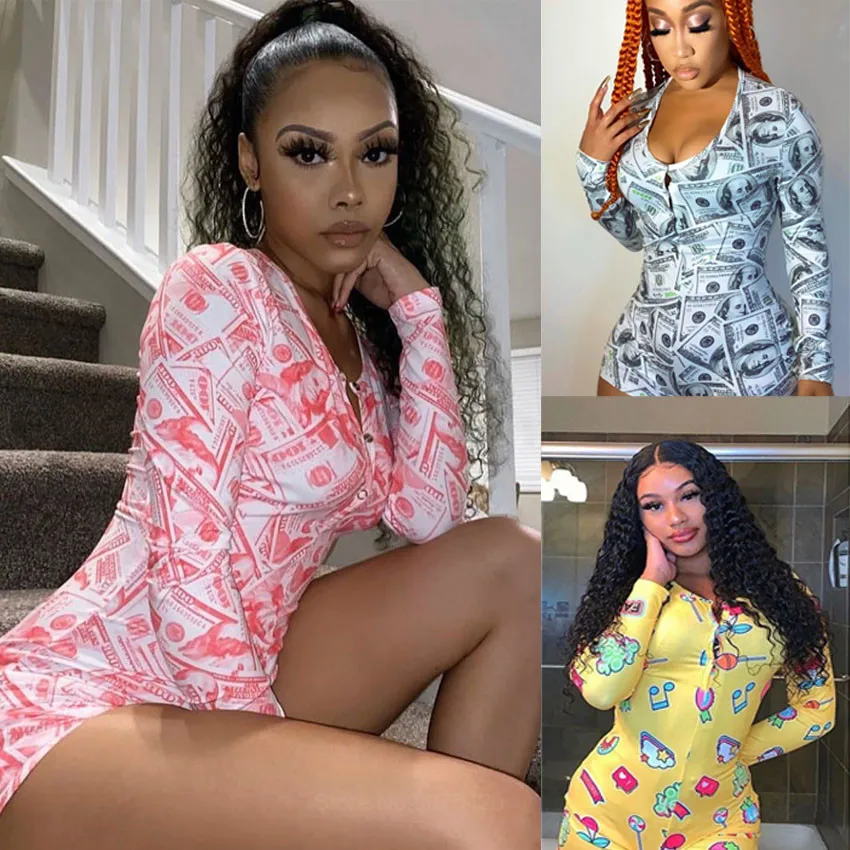 

Sexy Onesies Sleepwear Jumpsuit for Adults Women New Long Sleeve V-neck Funny Print Pajama Romper Ladies Home Nightwear