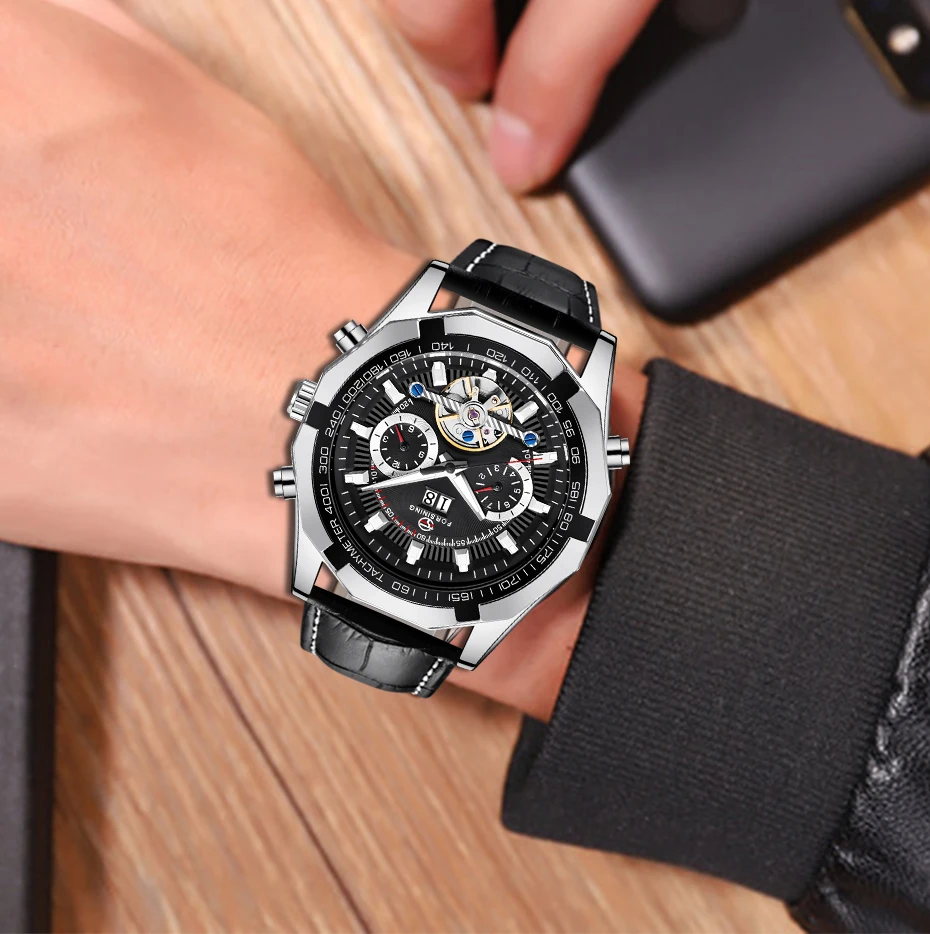 FORSINING, модные мужские Tourbillon, автоматические часы, Серебряный Скелет, кожаный ремешок, военные механические наручные часы, мужские спортивные часы