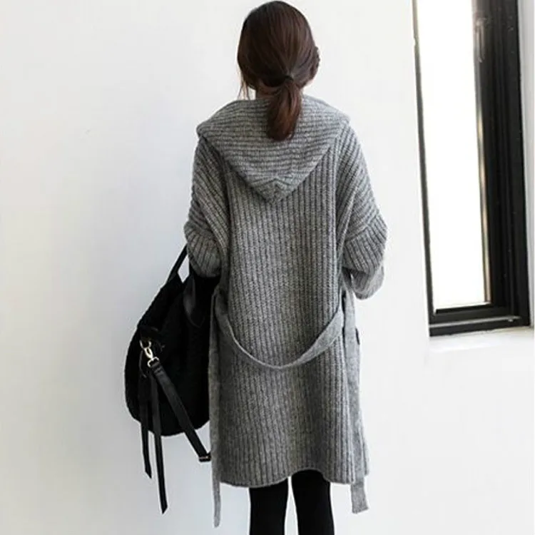 

Cardigan Sweater Coat Women's 2021 Spring Women's Korean Version of Hooded Belt Loose Medium Long Knit Sweater Coat