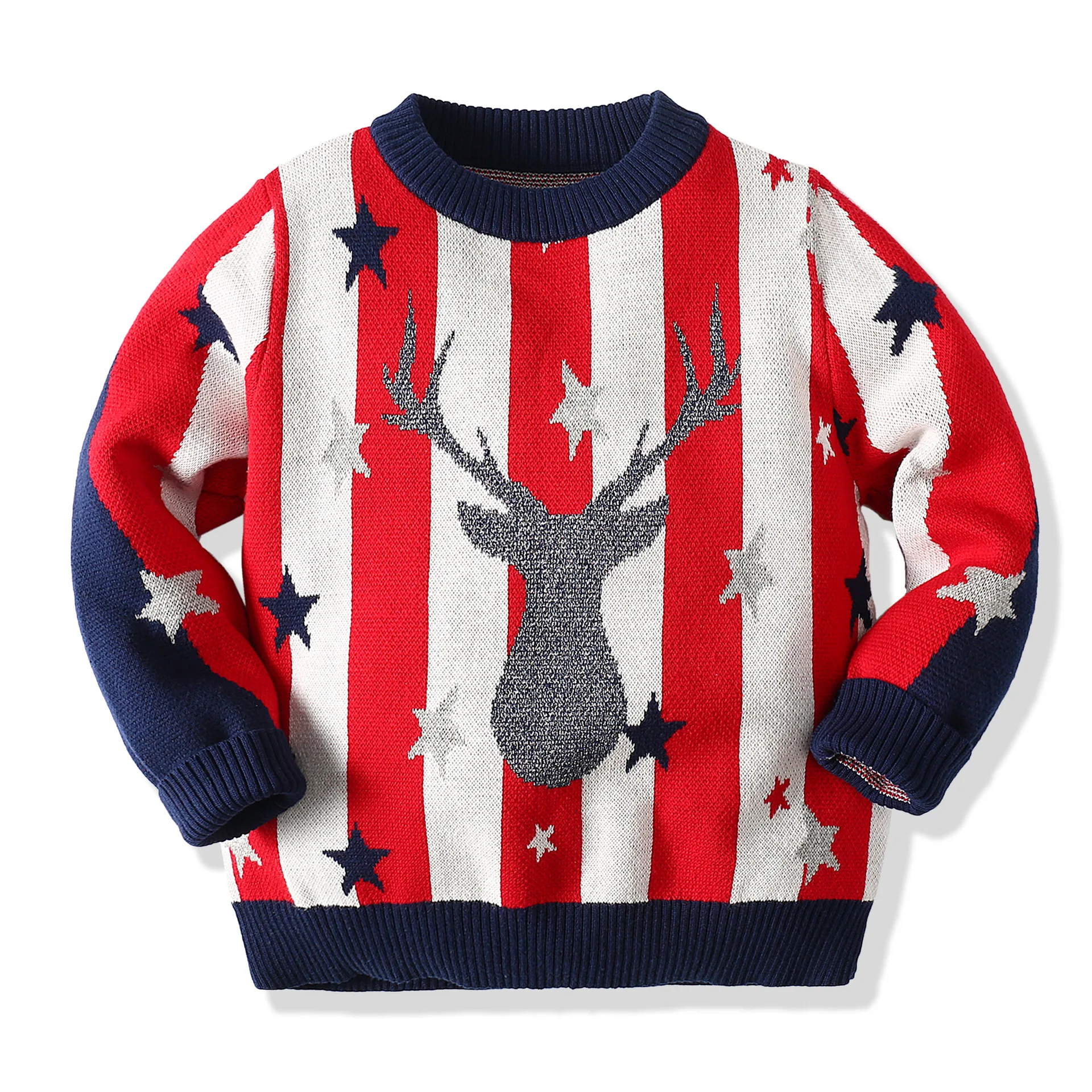 

2020 Autumn Winter New Children's Boy Sweater Kids Striped Star Elk Children Sweater Soft Double Layer Christmas Knitted Clothes