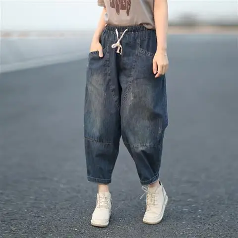 

2021 summer literature and art jeans retro large radish pants wash stitching elastic waist worn Harlan women's Capris