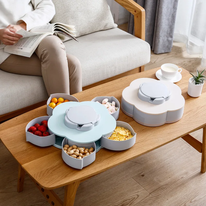 

Petal-Shape Rotating Candy Box Snack Nut Box Flower Candy Fruit Plate Food Storage Case Two-deck Dried Fruit Storage Organizer