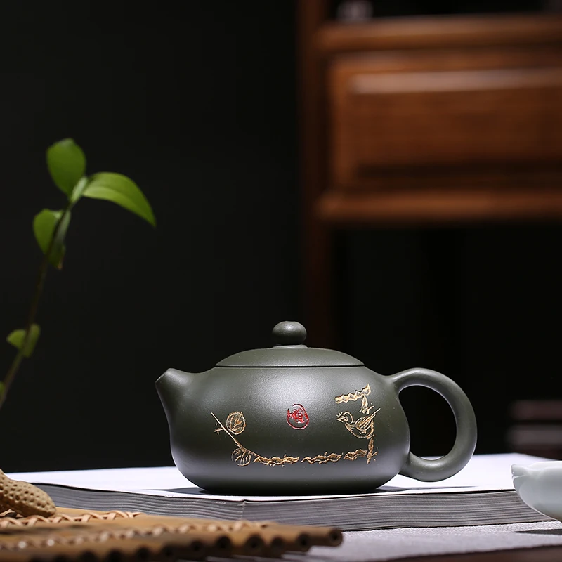 

★Yixing Zisha teapot genuine pure hand-made teapot dark green mud flat Xishi tea maker raw mine household tea set
