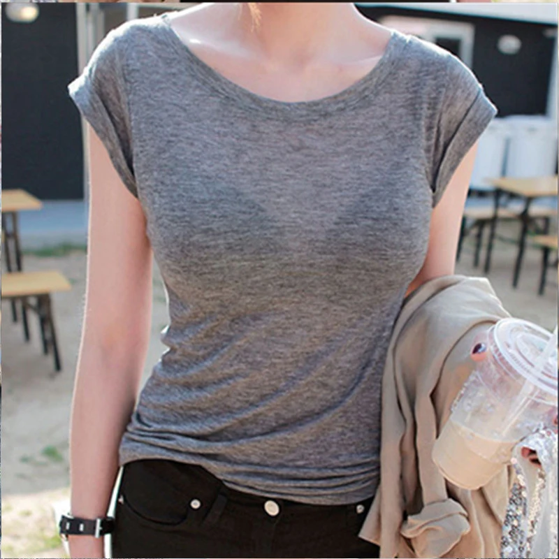 Тонкая Однотонная футболка высокого качества для женщин хлопок высокая