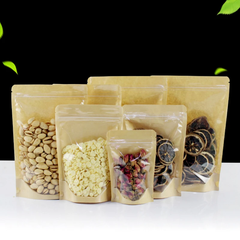 

50Pcs/lot Kraft Paper Tea Bag Transparent Zip lock Empty Dried Food Fruit Gift package Self Sealing Bags Customizable logo