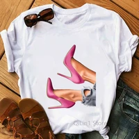 fashion pink high heels print t shirt summer 90s 00s girl student streetwear women hip hop tshirt femme top female t shirt