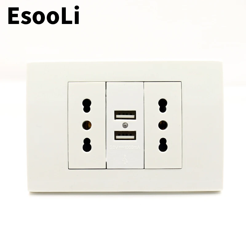 

EsooLi 16A Usb Wall Power Socket Plug Double Italian / Chile Socket with Usb 1000mA USB Charger Port for Mobile 118mm*80mm