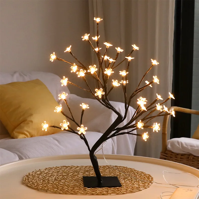 Lámpara de mesa de 24 LED estilo flor de cerezo, luz de árbol alimentada por USB, Hada de Navidad, lámpara de escritorio, luces de decoración para dormitorio y sala de estar