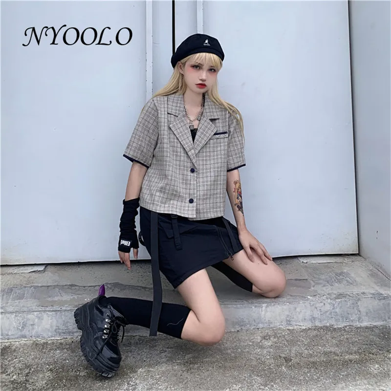 

NYOOLO Vintage Streetwear Plaid Notched Collar Short Sleeve Shirt Women Clothes Tops Summer Single Breasted OL Workwear Uniform