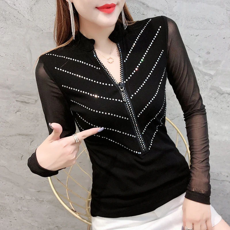 Рубашки вышитые бисером на молнии 2019 pring осень зима женская футболка Стразы