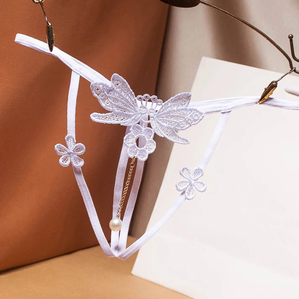 

Butterfly Embroidery Lace Panties Women's Underwear Sexy Pearl G String Erotic Crotchless Lingerie Sexy Low Waist Thongs Porno