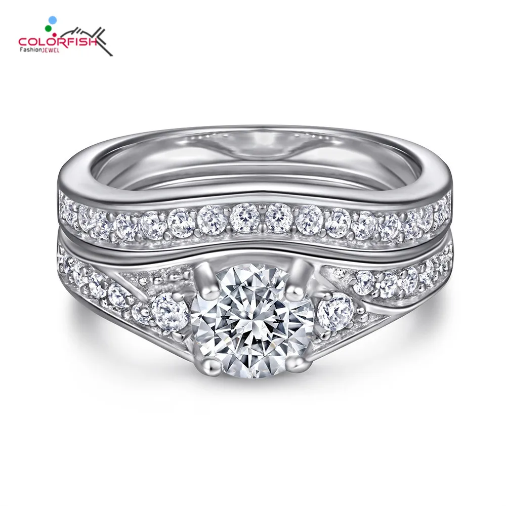 

COLORFISH Retro Fashion Wedding Rings Set Women Double Stackable 925 Sterling Silver Sparkling Cubic Zirconia Sona Fine Jewelry