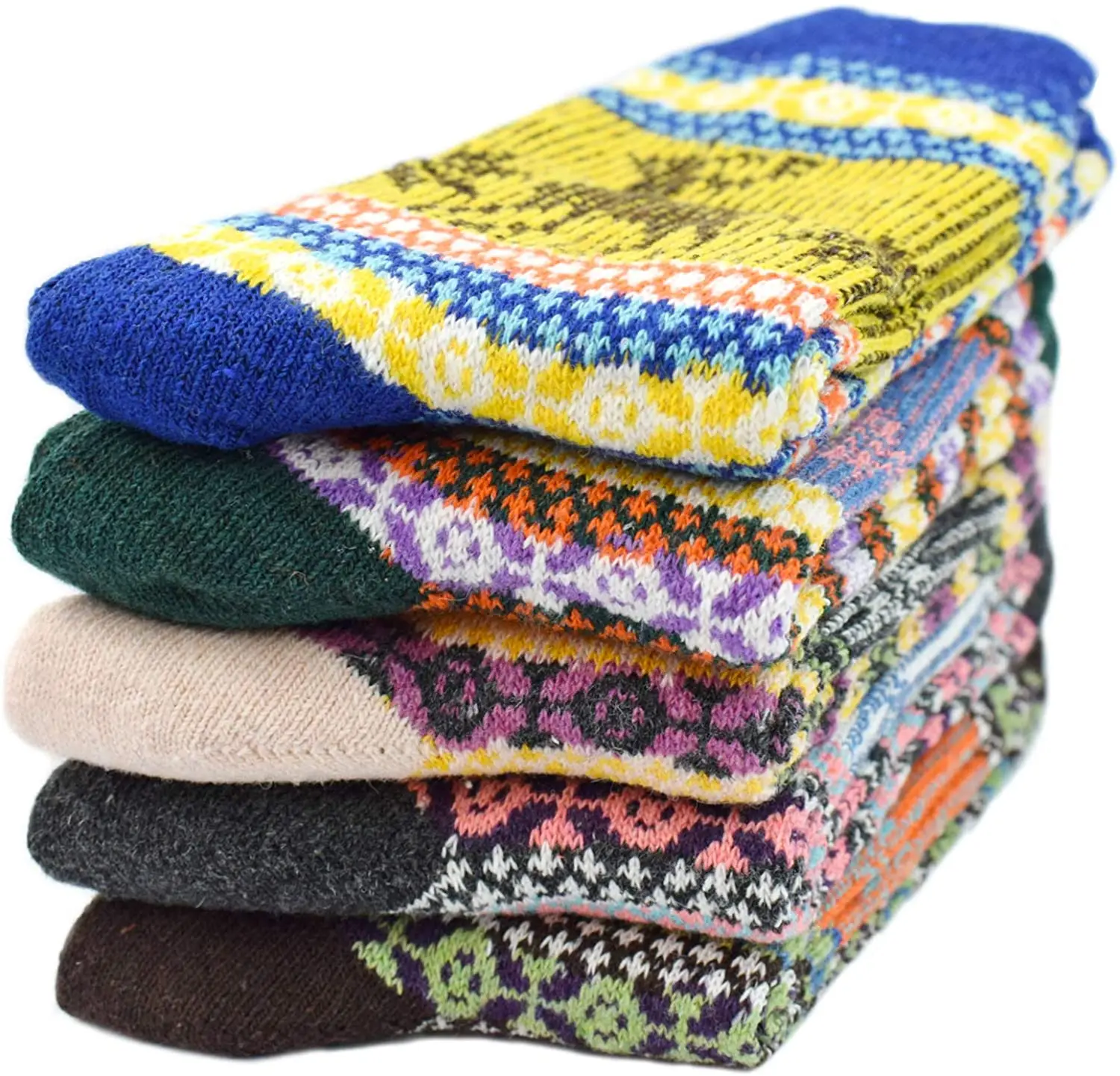 5 Pairs Womens Warm Wool Socks Vintage Thick Knit Winter Cozy Christams Deer Crew Socks for Women