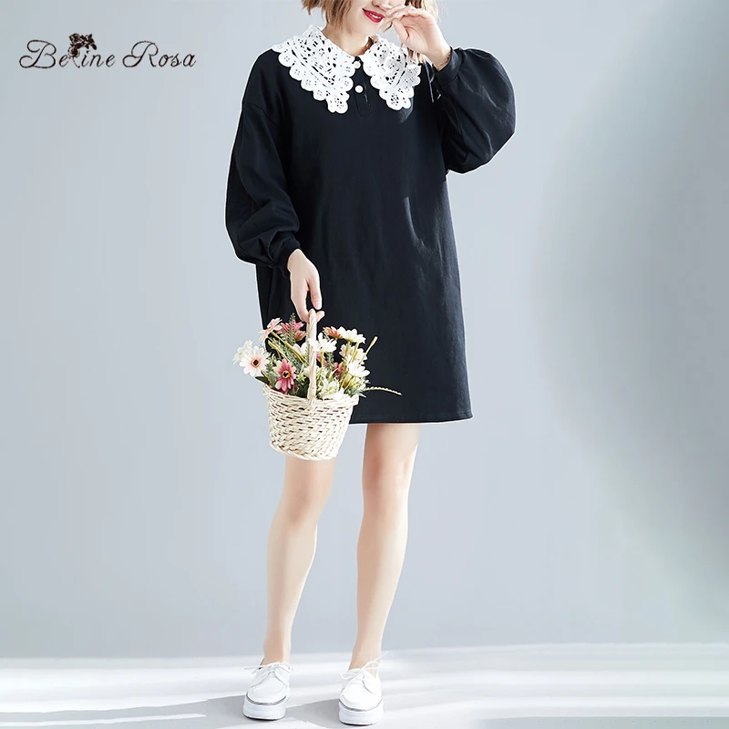 BelineRosa Женское Kawaii Черное короткое платье украсить кружевным воротником Фонарь