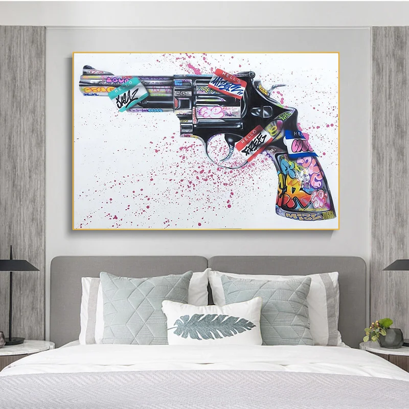 

Уличное граффити, искусство, револьвер, холст, живопись, абстрактные красочные постеры и принты, настенные художественные картины для гости...