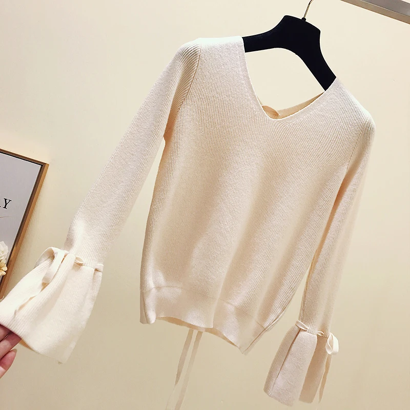 Женский вязаный свитер с v-образным вырезом пуловер на осень и зиму облегающие