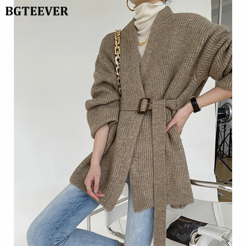 

BGTEEVER Elegant V-neck Oversized Women Sweater 2021 Autumn Winter Loose Belted Sashes Female Knitted Cardigans Tops