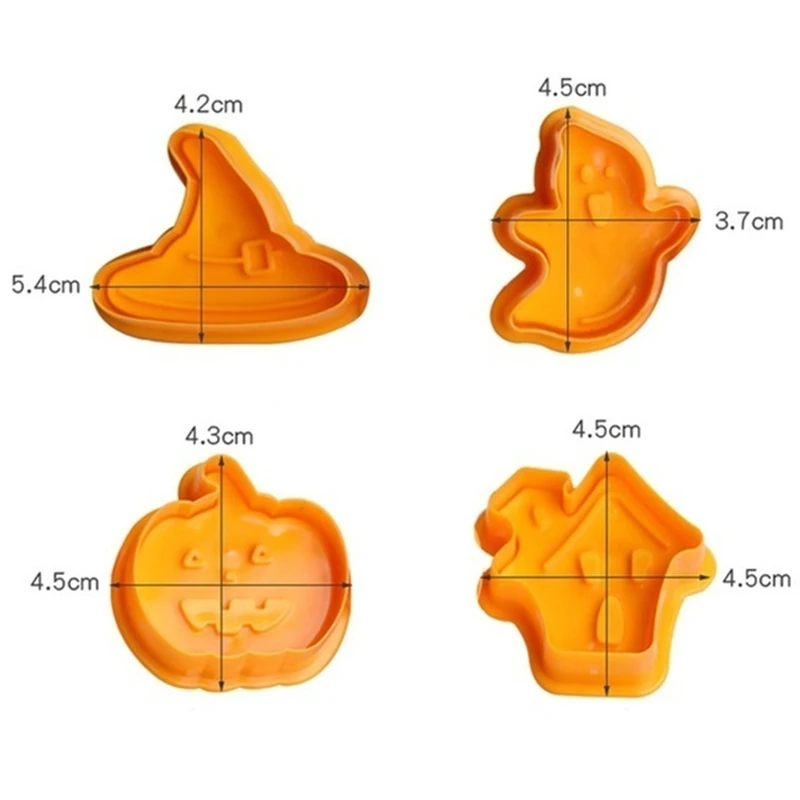 

4pcs Halloween Cookie Stamp Biscuit Mold 3D Pumpkin Ghost Theme Plastic Cookie Cutter Plunger Fondant Mould Cake DIY Baking