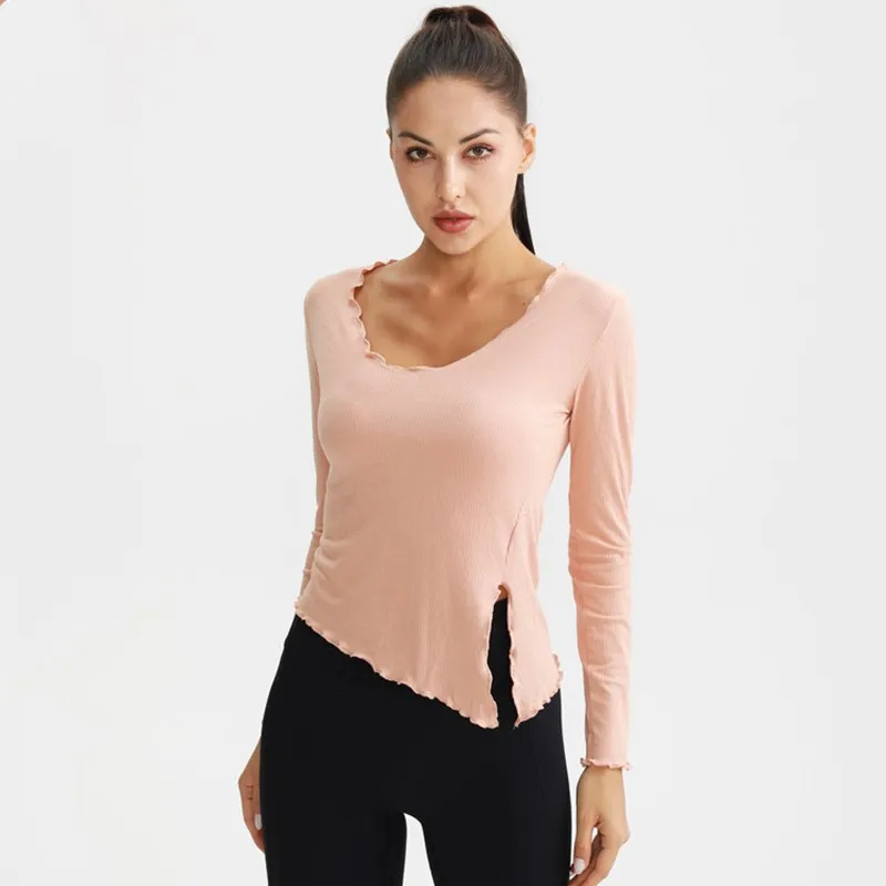 

Autumn New Side Split Women Yoga Shirts Gym Slim Long-Sleeve Dance Training clothes Stretch Quick-Drying Running V-Neck Top
