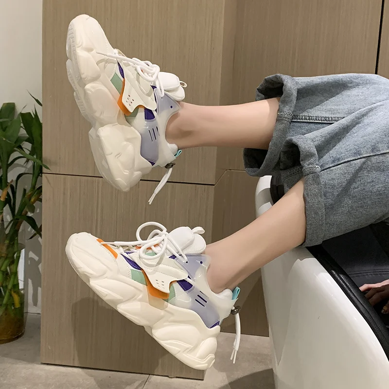 

Women Mix Color Chunky Platform Sneakers 2021 Breathable Mesh Lace Up Vulcanized Shoes Woman Casual Running Basket Femme