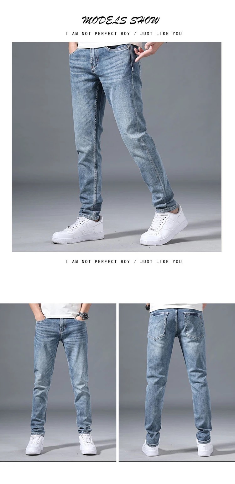 

2021 Four Seasons Light Blue Slim Fit Retro Jeans Men's Casual Tide Brand Straight High-End Long Fashion Pants Male